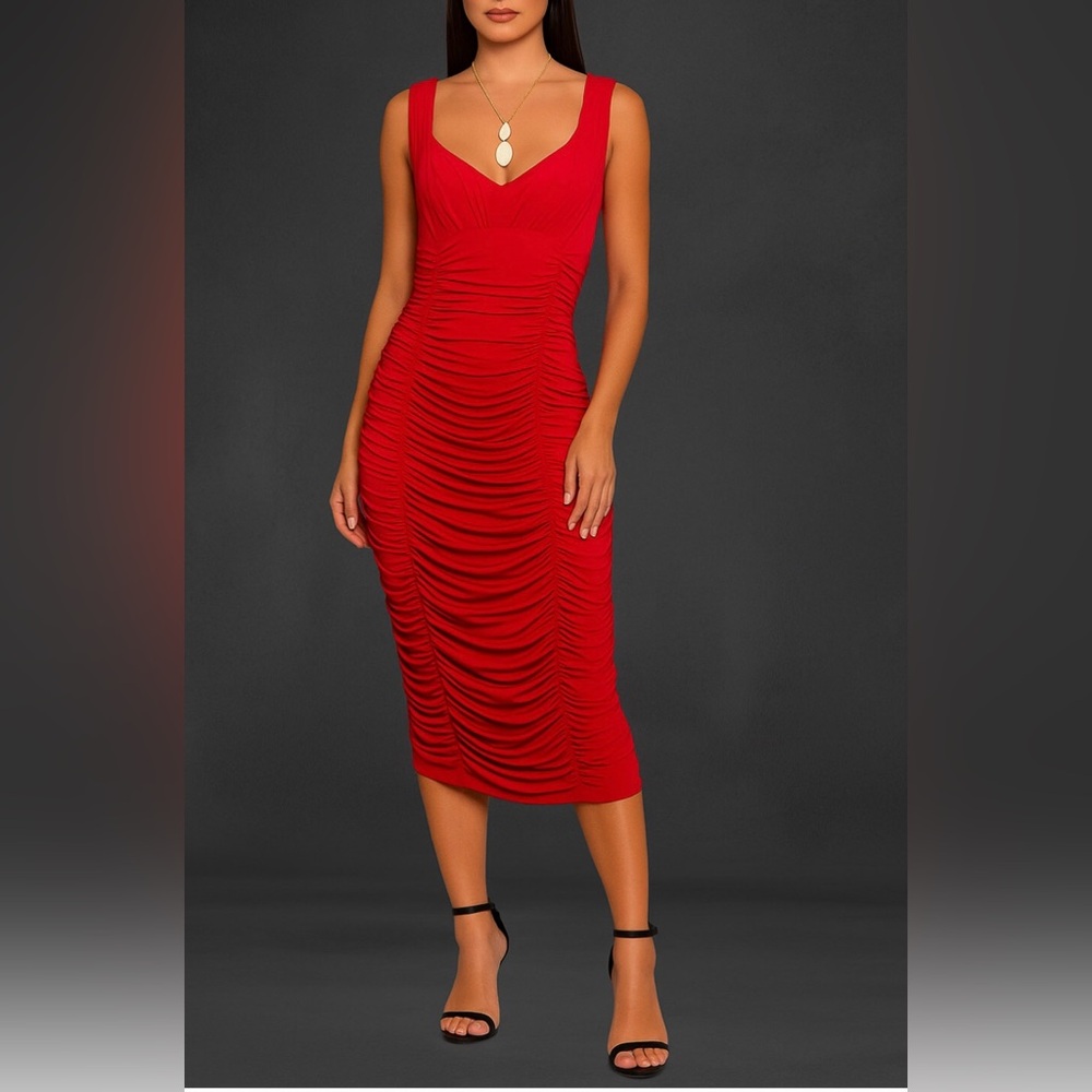 Calvin Klein Deep Red Ruched Midi Bodycon Dress Sleeveless Romantic Size 12